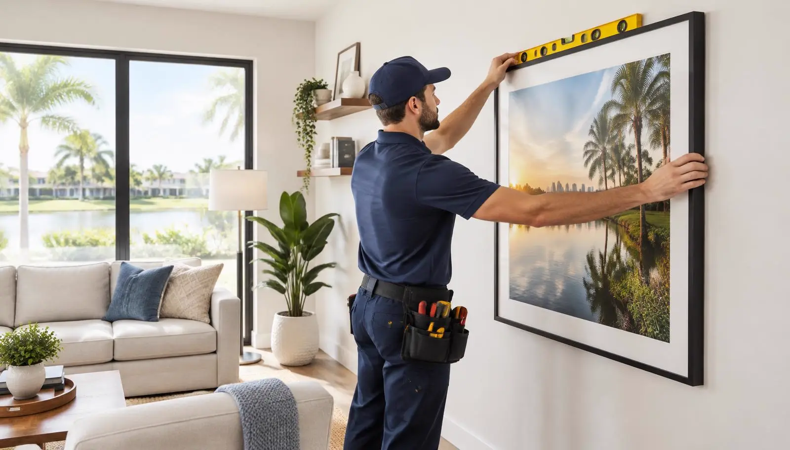 Professional picture hanger leveling a large framed print in a bright Orlando living room